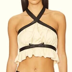 NWT REVOLVE We Wore What linen criss cross halter top black leather trim M